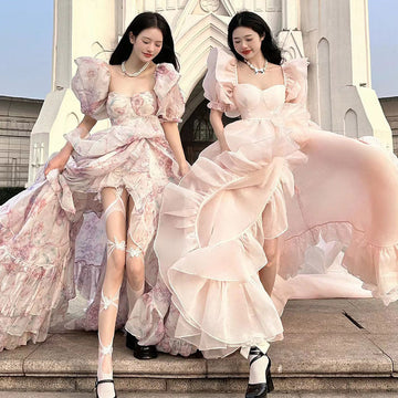 2025 New Fugitive Princess French Retro Niche Design Chopped Flowers Tailed Collar Bubble Sleeve Dress